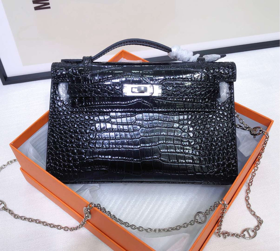 Glossy Croc Embossed Chain Strap Mini Clutch Bag