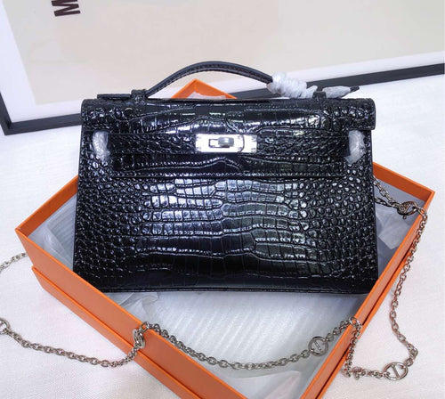 Glossy Croc Embossed Chain Strap Mini Clutch Bag