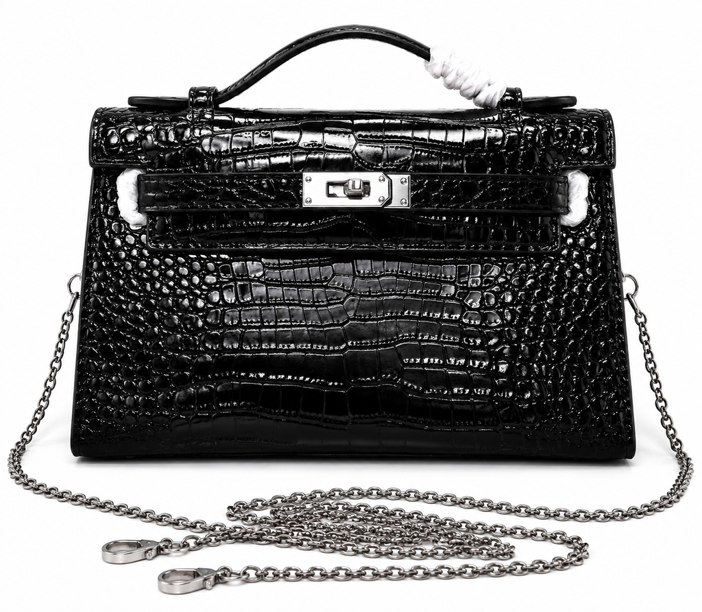 Glossy Croc Embossed Chain Strap Mini Clutch Bag