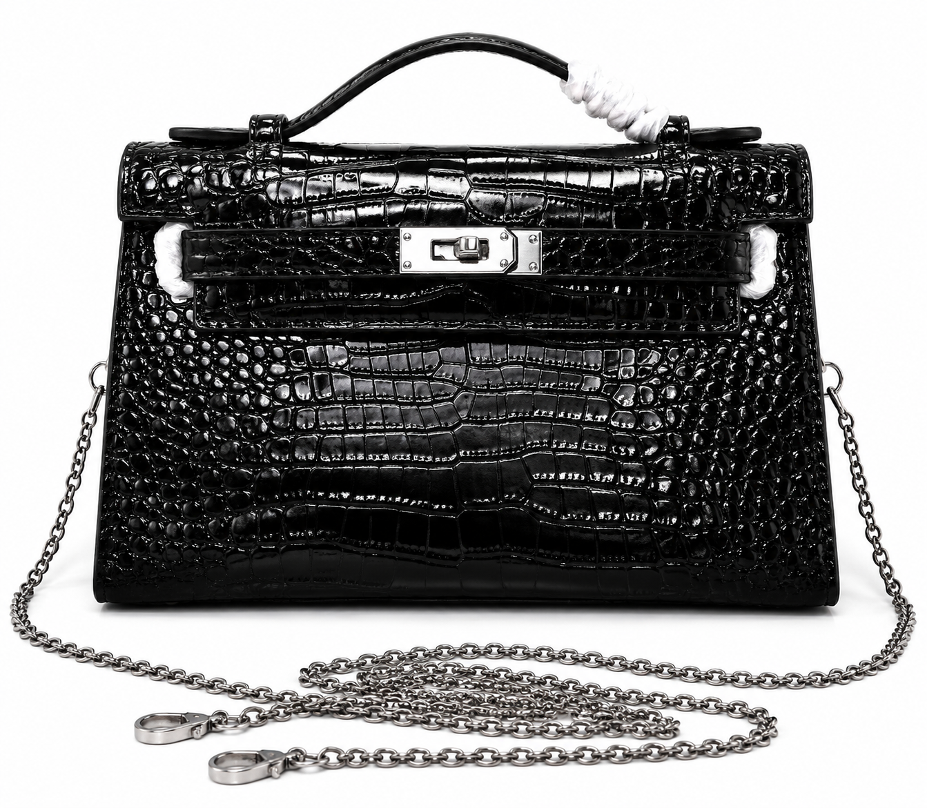 Glossy Croc Embossed Chain Strap Mini Clutch Bag