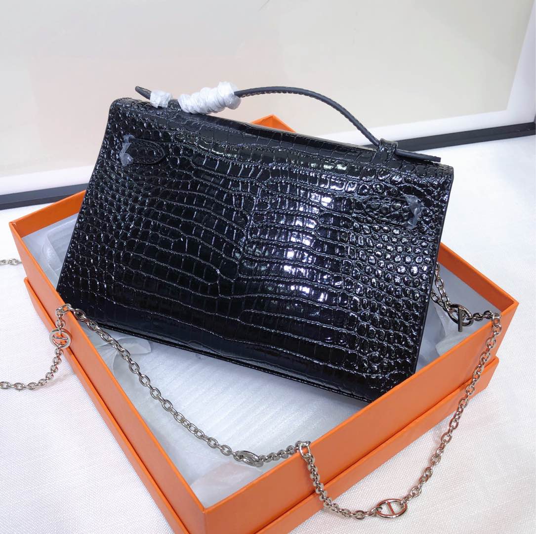 Glossy Croc Embossed Chain Strap Mini Clutch Bag
