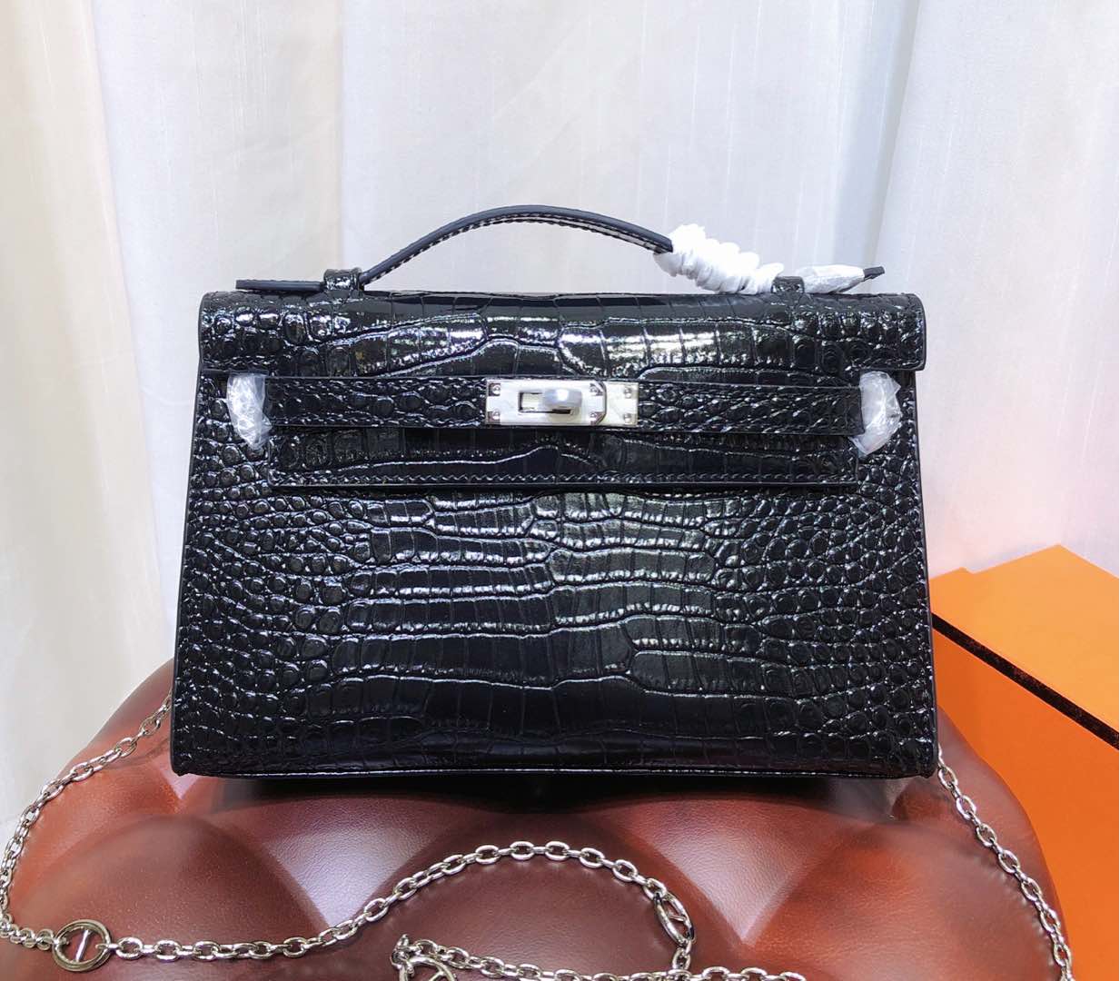 Glossy Croc Embossed Chain Strap Mini Clutch Bag